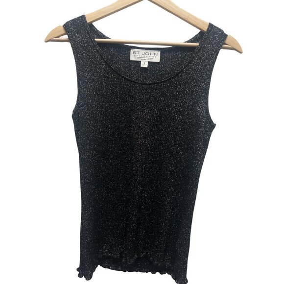 St John Black Metallic Sparkle Knit Sweater Shell with Scalloped Hem - Picture 2 of 6